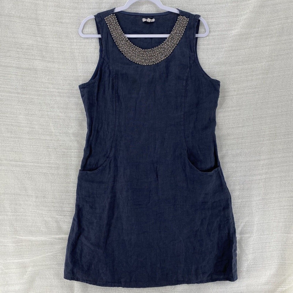 Lina Tomei Dress Womens MEDIUM Blue Linen Stretch Beaded Neckline Stretchy Sides